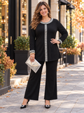 Set elegante da donna taglie forti con pullover e bordi a contrasto con paillettes
