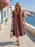 Abito casual a righe con scollo a V e maniche a palloncino