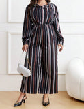 Taglie Forti Jumpsuit gamba larga a righe manica a lanterna senza cintura