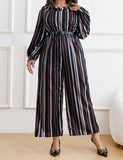 Taglie Forti Jumpsuit gamba larga a righe manica a lanterna senza cintura