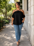 Mglietta  casual da donna oversize con spalle scoperte, maniche corte, volant e vestibilità ampia