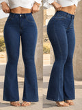 Jeans a vita alta lavati effetto snellente a zampa con tasche, taglie forti, autunno/inverno - Blu lavato scuro