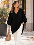 Maglione lungo a maniche lunghe in maglia morbida con scollo a V e spalle cadenti, stile slouchy, ampio e snellente, morbido e delicato sulla pelle