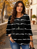 Camicia donna taglie forti a maniche a tre quarti con stampa integrale a righe, colletto tondo