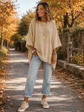 Maglione in maglia da donna taglie forti, collo rotondo, maniche 3/4, adatto per l'autunno