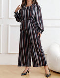 Taglie Forti Jumpsuit gamba larga a righe manica a lanterna senza cintura