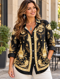 Camicia casual alla moda con stampa floreale barocca, taglie forti, maniche lunghe, autunnale, con bottoni