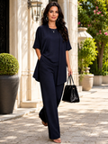 3 pezzi Set Casual da Donna: Giacca Corta Maniche Corte Tinta Unita Morbida, Top Canotta Collo Tondo, e Pantaloni Gamba Dritta. Vestibilità Comoda