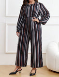 Taglie Forti Jumpsuit gamba larga a righe manica a lanterna senza cintura