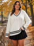 Maglione A Maniche Lunghe Con Collo A V E Decorazioni A Righe, Taglie Forti