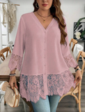 Camicetta casual da donna taglie forti con scollo a V, tinta unita, con inserti in pizzo