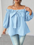 Blusa di moda semplice con spalle scoperte e maniche a 3/4 per taglie forti, versatile per l'uso quotidiano, elegante e alla moda