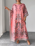 Abito casual oversize con maniche a pipistrello, scollo tondo e stampa