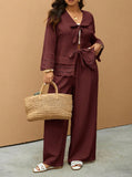 Set da 2 pezzi oversize casual e minimalista, con ricamo, composto da camicia da donna e pantaloni da donna