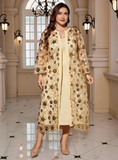 Completo elegante da donna taglie forti, composto da cardigan in rete con ricamo floreale e abito canotta, set in 2 pezzi
