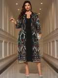 Completo elegante da donna taglie forti, composto da cardigan in rete con ricamo floreale e abito canotta, set in 2 pezzi