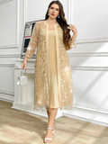 Completo elegante da donna taglie forti, composto da cardigan in rete con ricamo floreale e abito canotta, set in 2 pezzi