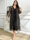 Completo elegante da donna taglie forti, composto da cardigan in rete con ricamo floreale e abito canotta, set in 2 pezzi