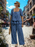 Set da 2 pezzi composto da top a maniche corte casual con ricamo a foglie e pantaloni, taglie comode per donna
