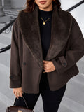 Cappotto da donna taglie forti in misto lana – Elegante capospalla invernale marrone con revers e bordo in pelliccia sintetica; caldo, alla moda e versatile per l'uso quotidiano. - Caffè Marrone